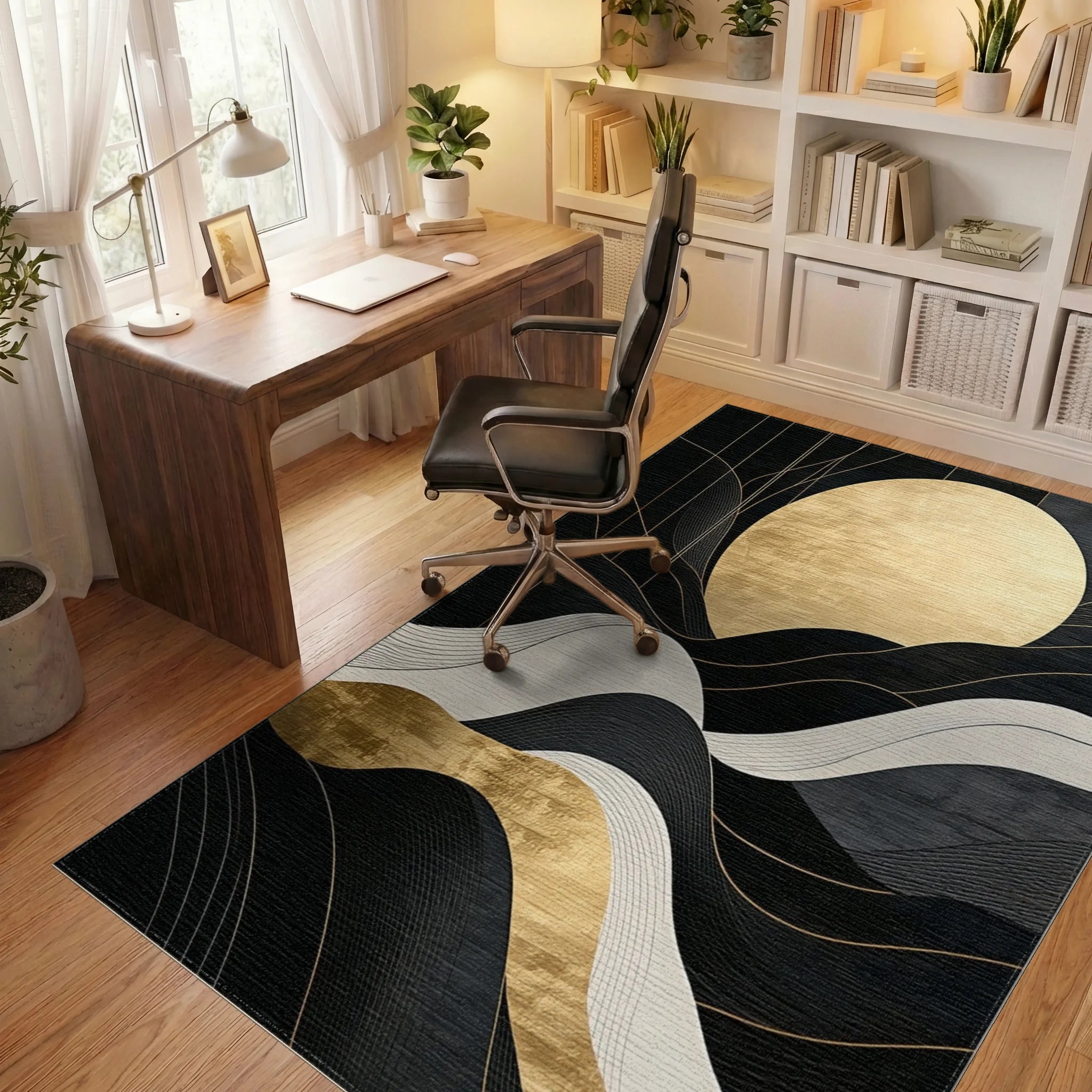 Black Gold Wavy Sun Rug - Office View