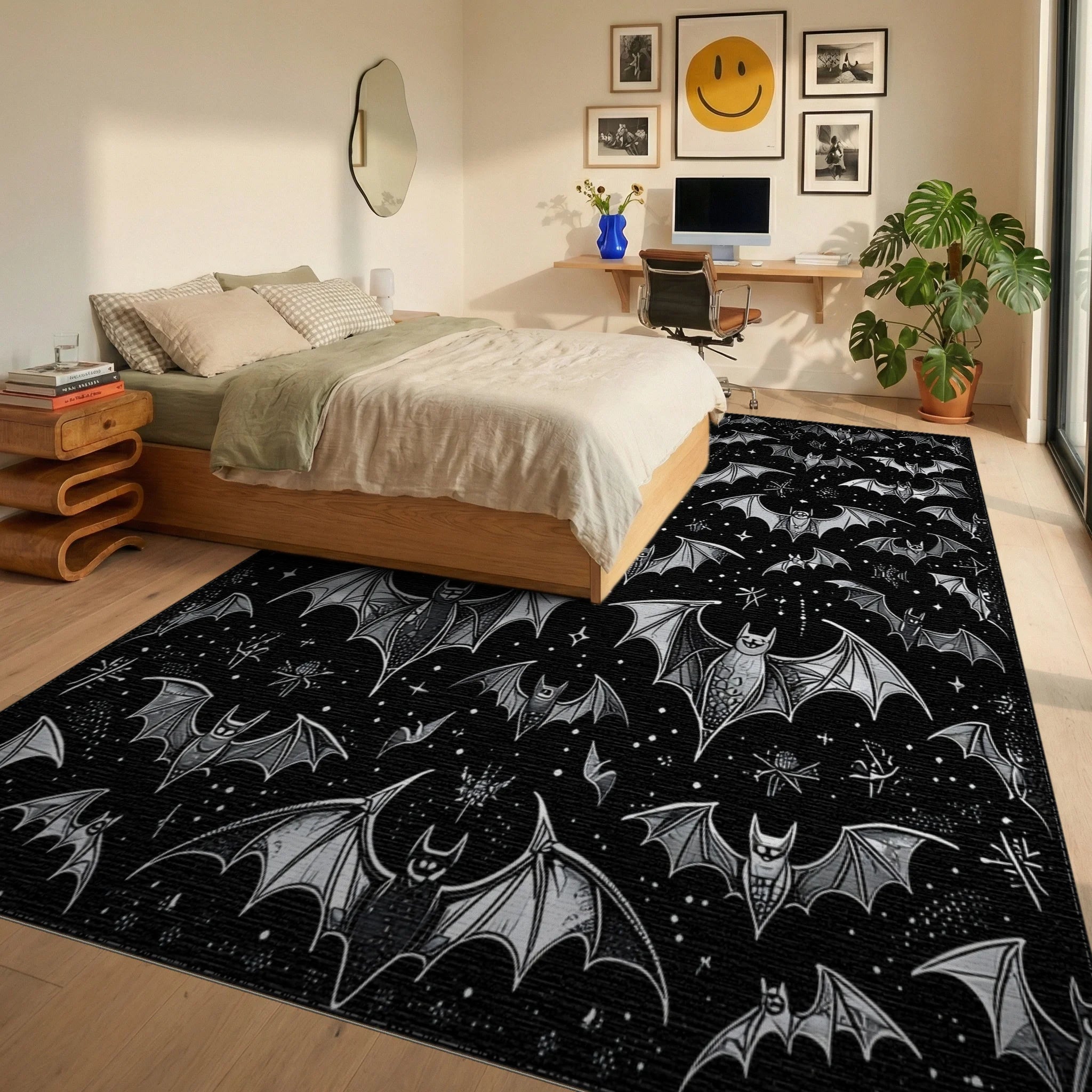 Black Gray Bats Stars Gothic Rug - Bedroom View