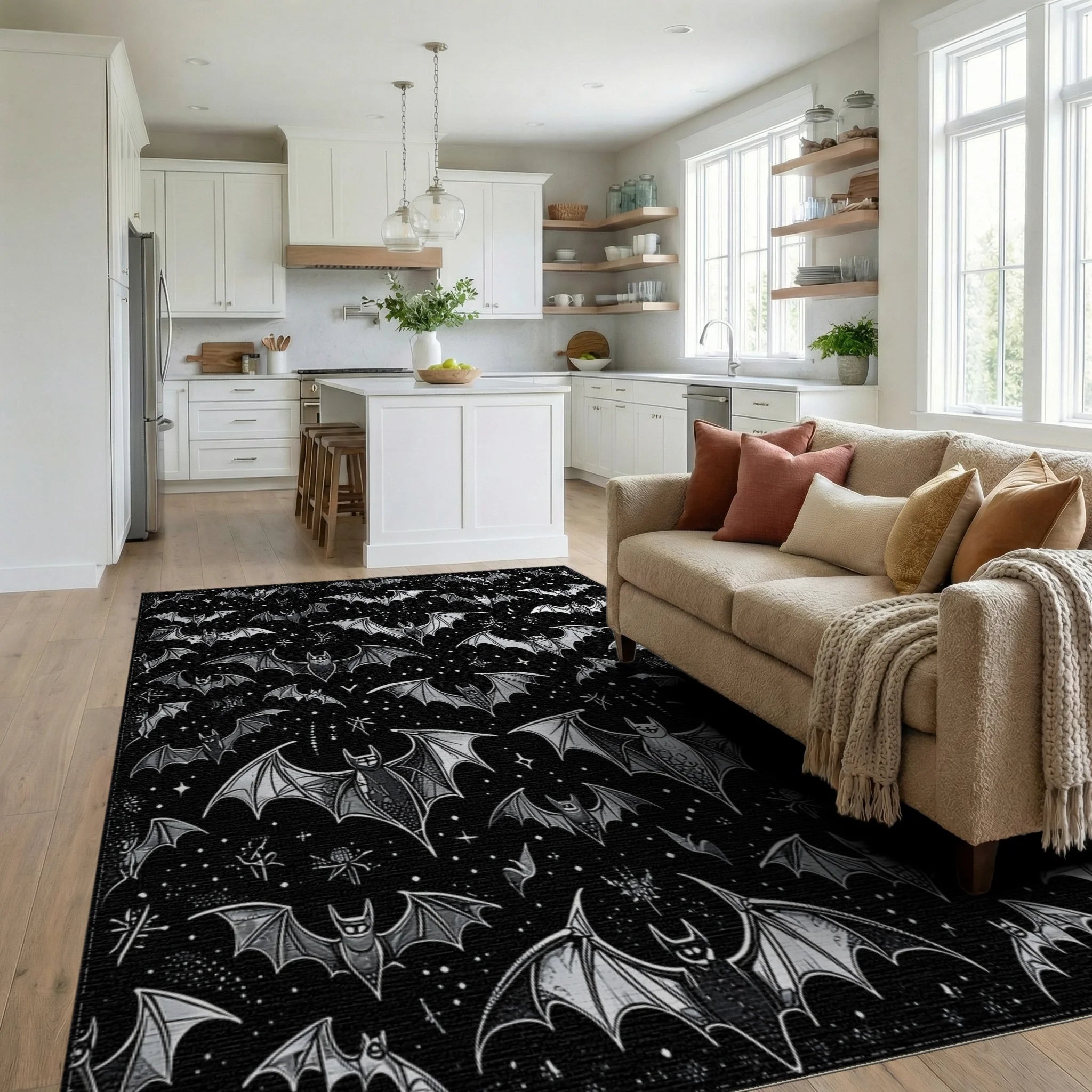 Black Gray Bats Stars Gothic Rug - Living Room View