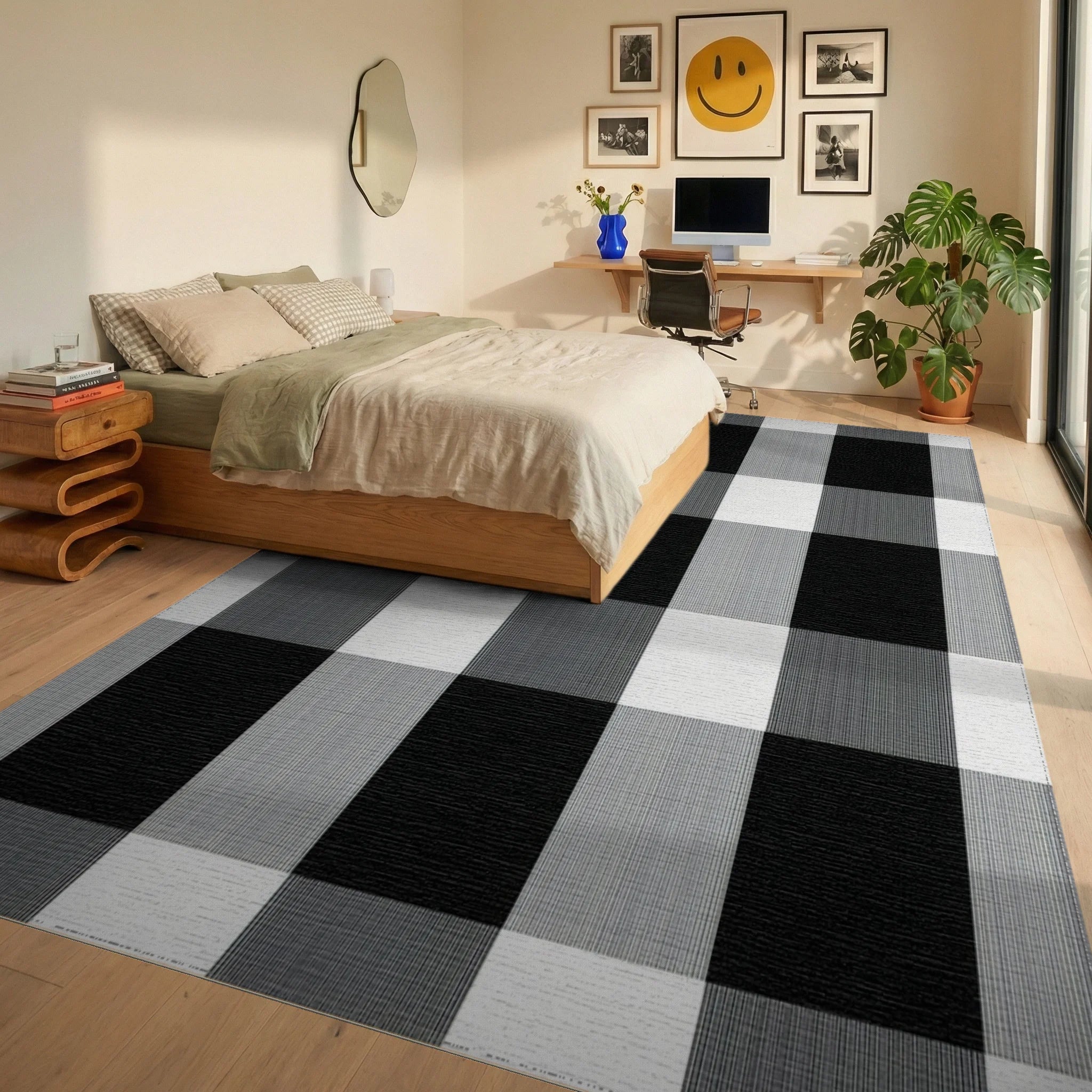 Black Gray Checkered Rug - Bedroom View