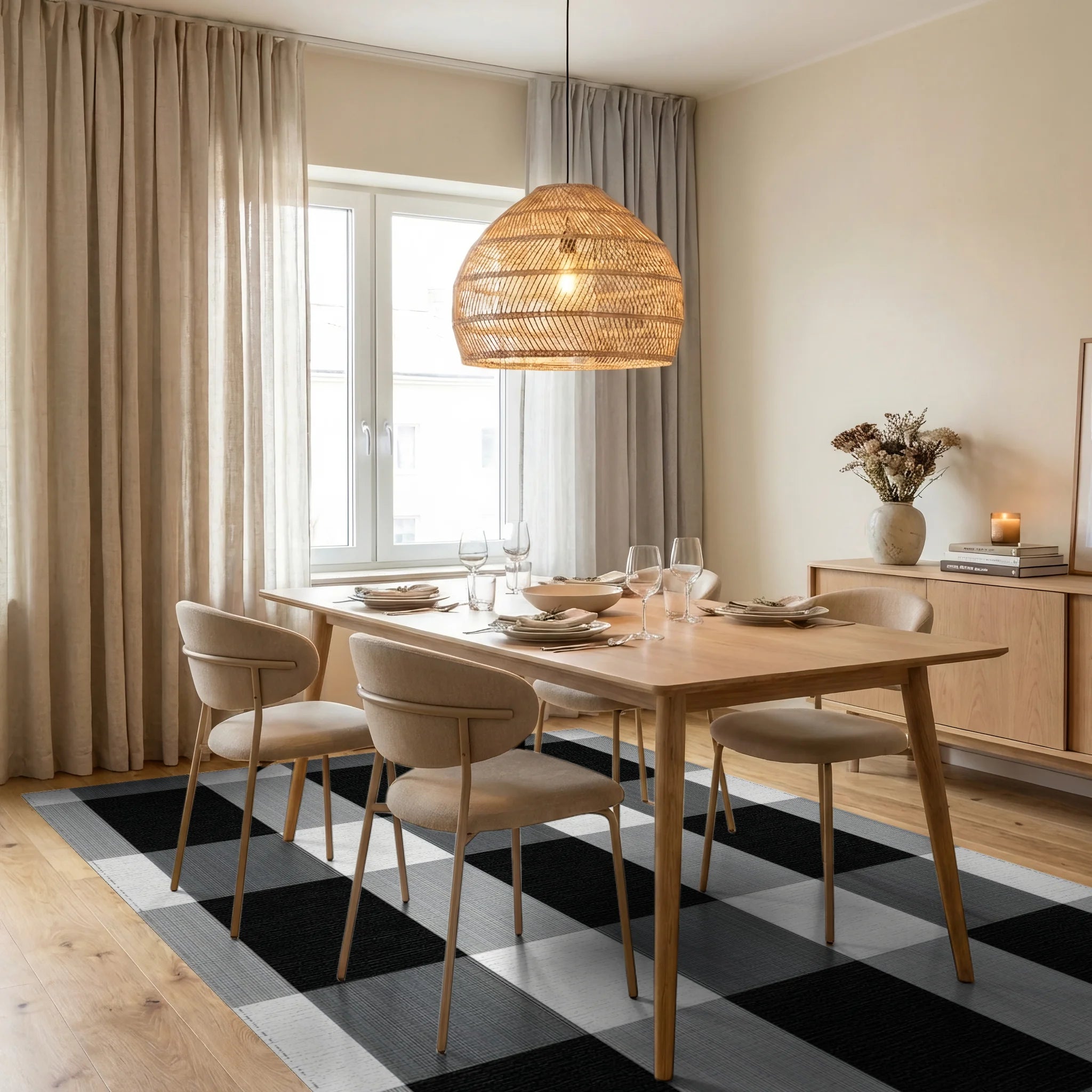 Black Gray Checkered Rug - Dining Room View