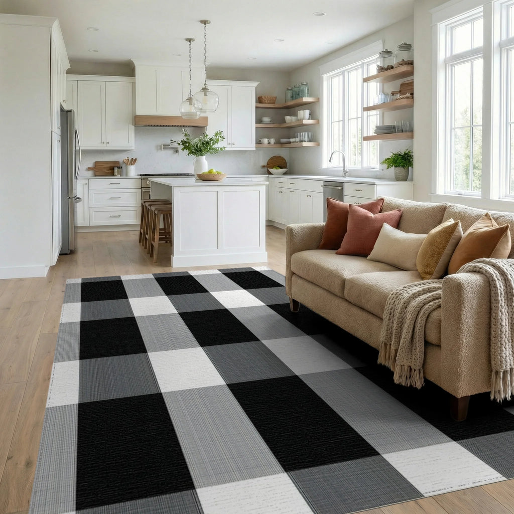 Black Gray Checkered Rug - Living Room View