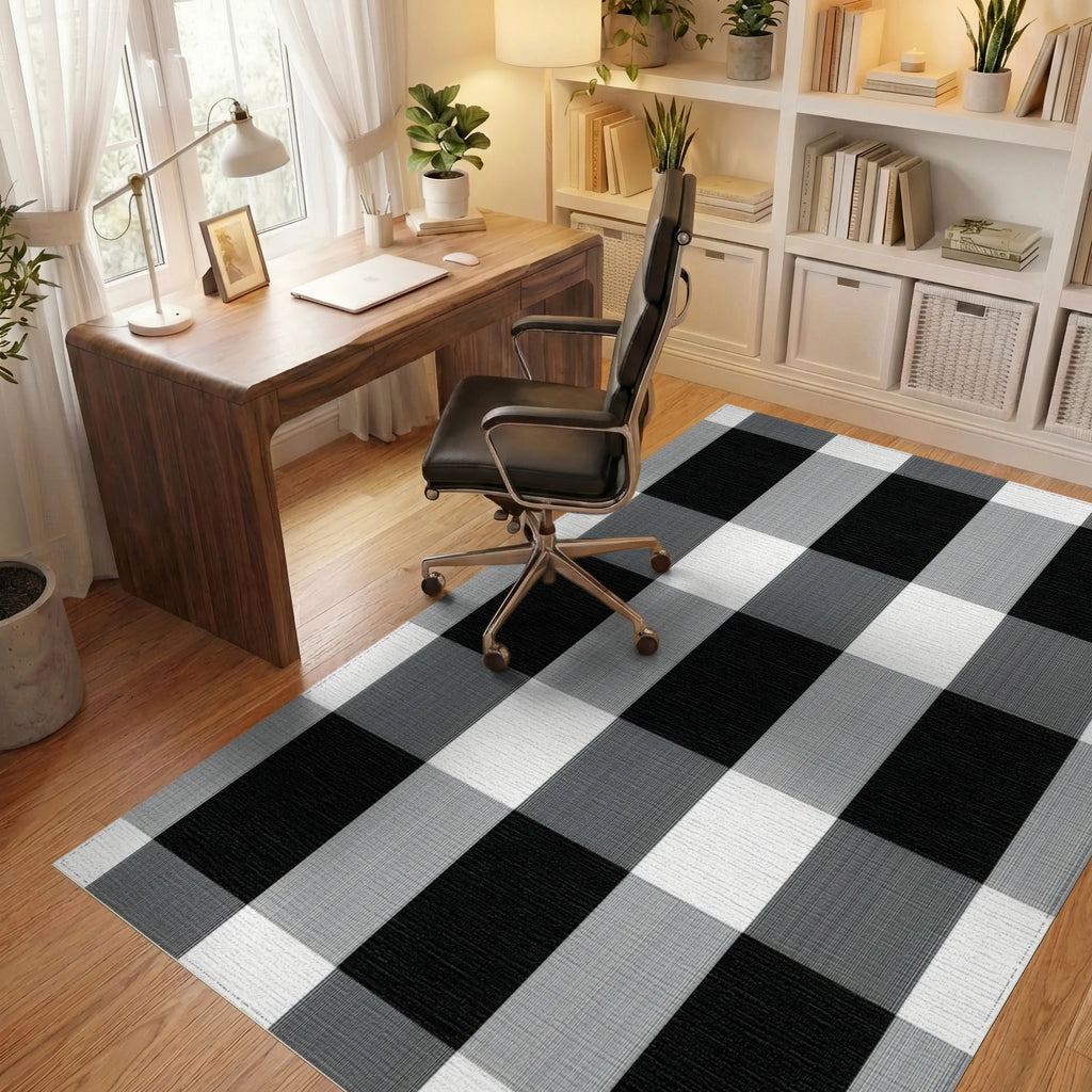 Black Gray Checkered Rug - Office View