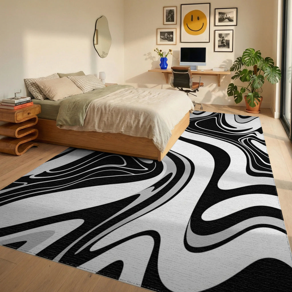 Black Gray Fluid Wave Rug Bedroom View