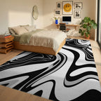 Black Gray Fluid Wave Rug Bedroom View