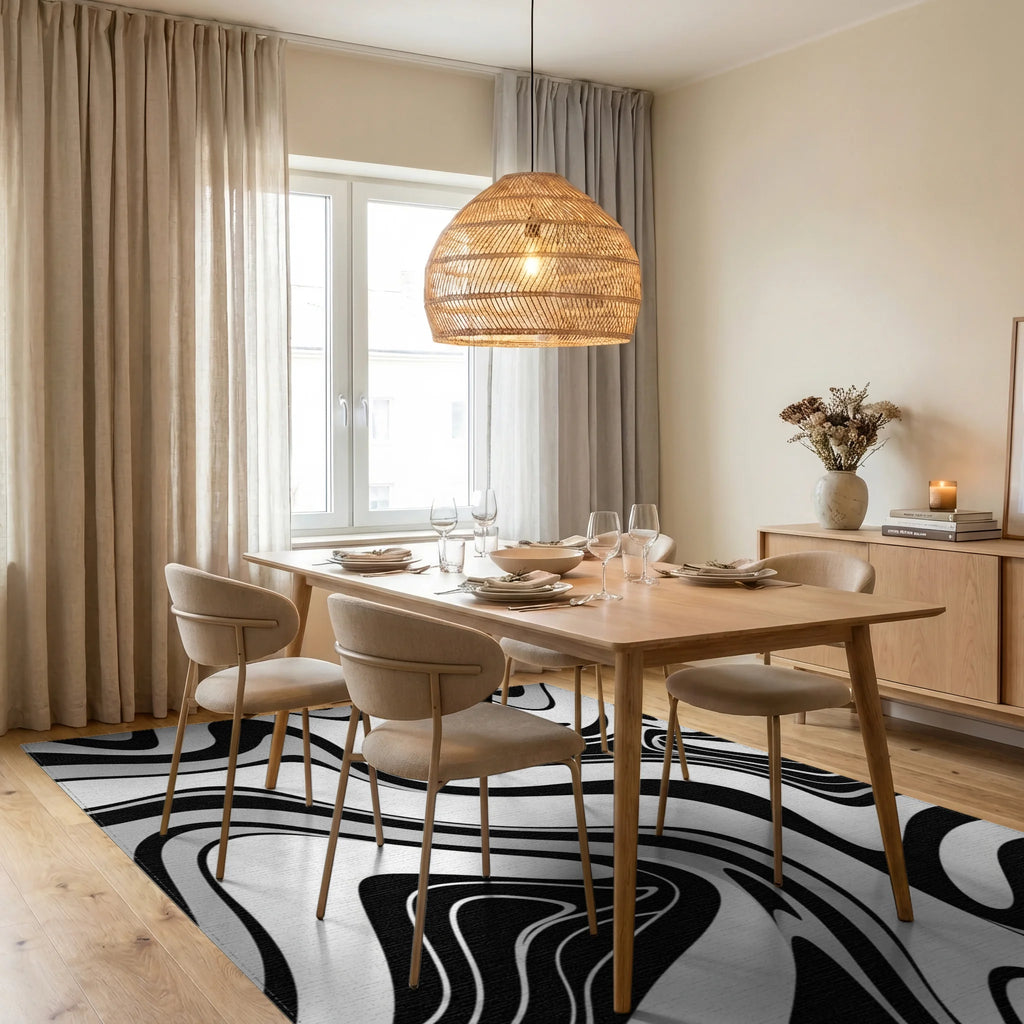 Black Gray Fluid Wave Rug Dining Room View