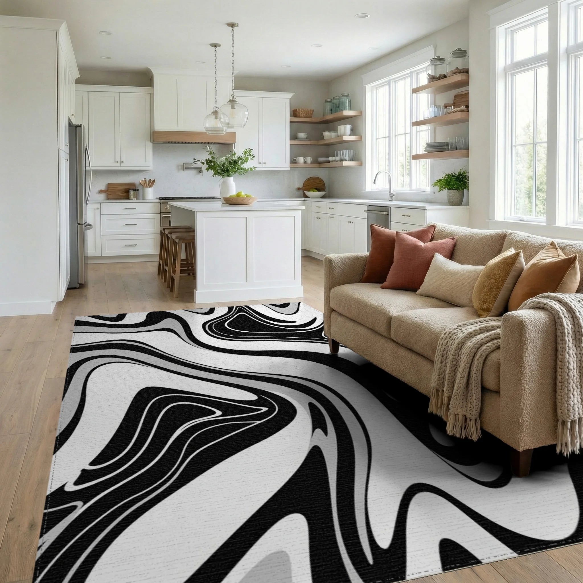 Black Gray Fluid Wave Rug Living Room View