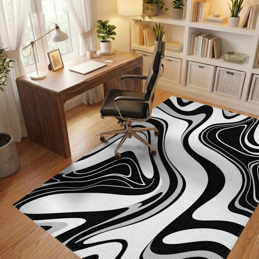 Black Gray Fluid Wave Rug Office View