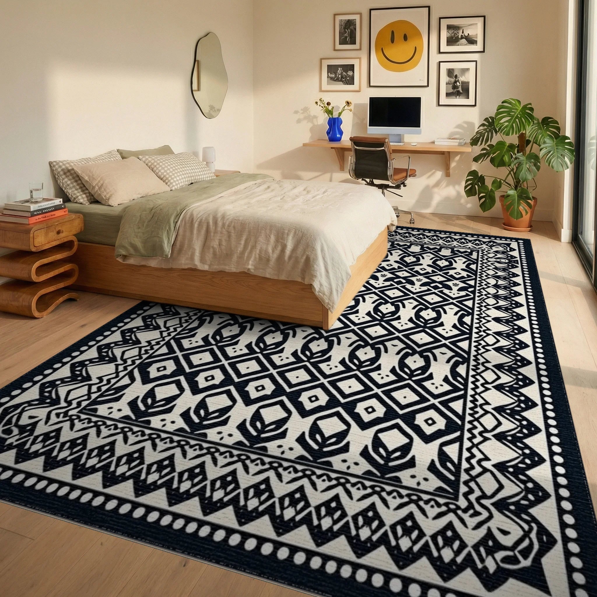 Black Ivory Intricate Geometric Pattern Rug Bedroom View