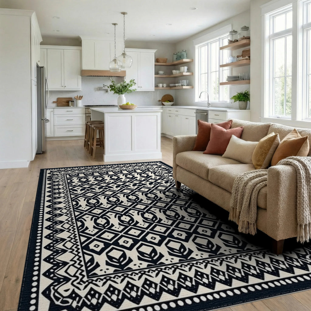 Black Ivory Intricate Geometric Pattern Rug Living Room View