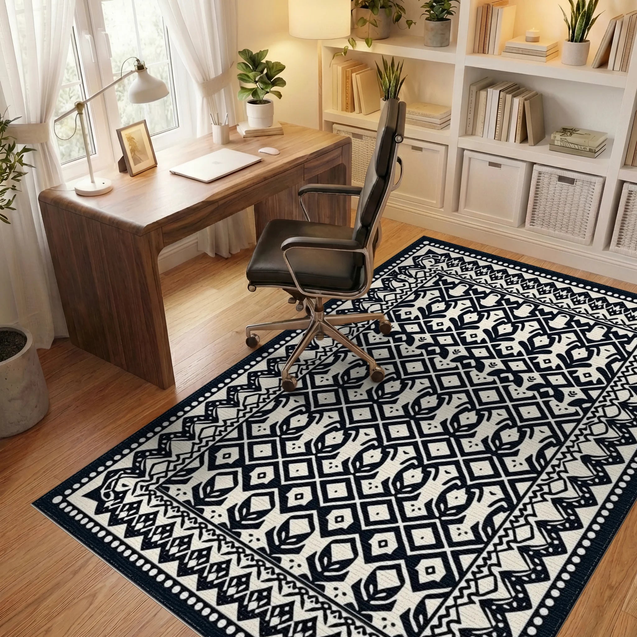Black Ivory Intricate Geometric Pattern Rug Office View