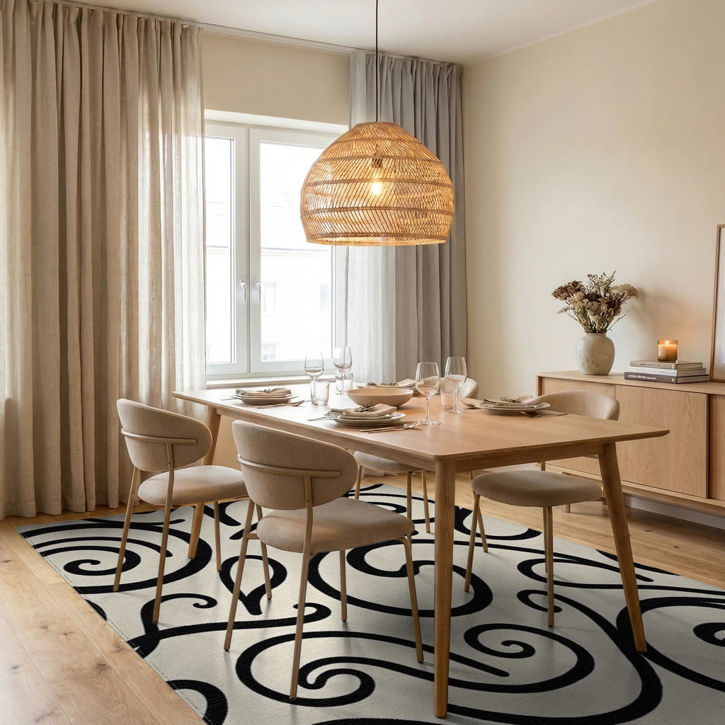 Black Ivory Swirl Accent Rug - Dining Room View