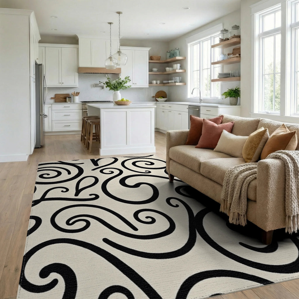 Black Ivory Swirl Accent Rug - Living Room View
