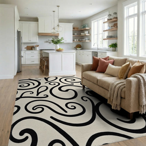 Black Ivory Swirl Accent Rug - Living Room View