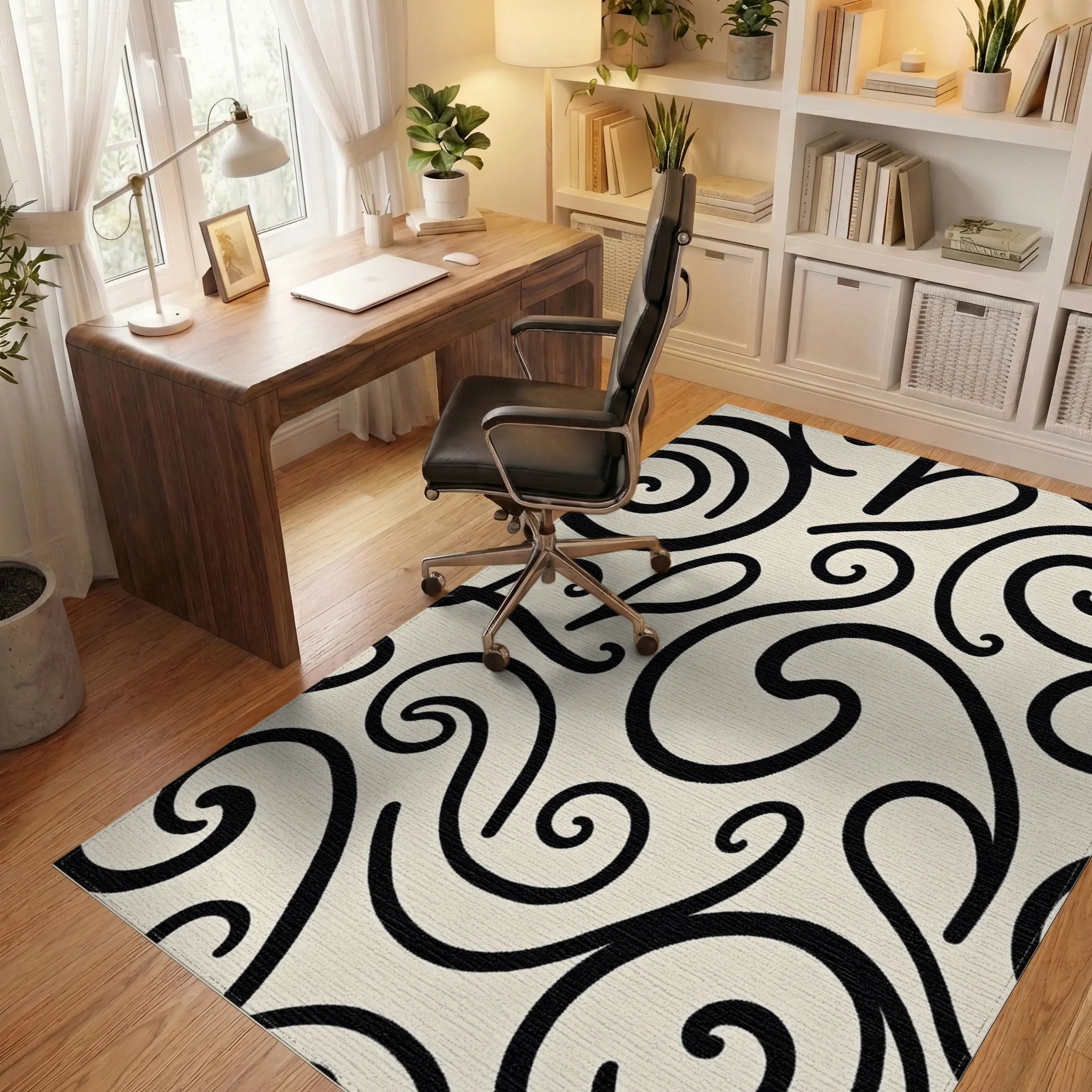 Black Ivory Swirl Accent Rug - Office View