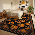 Black Orange Halloween Pumpkins Bats Rug - Bedroom View