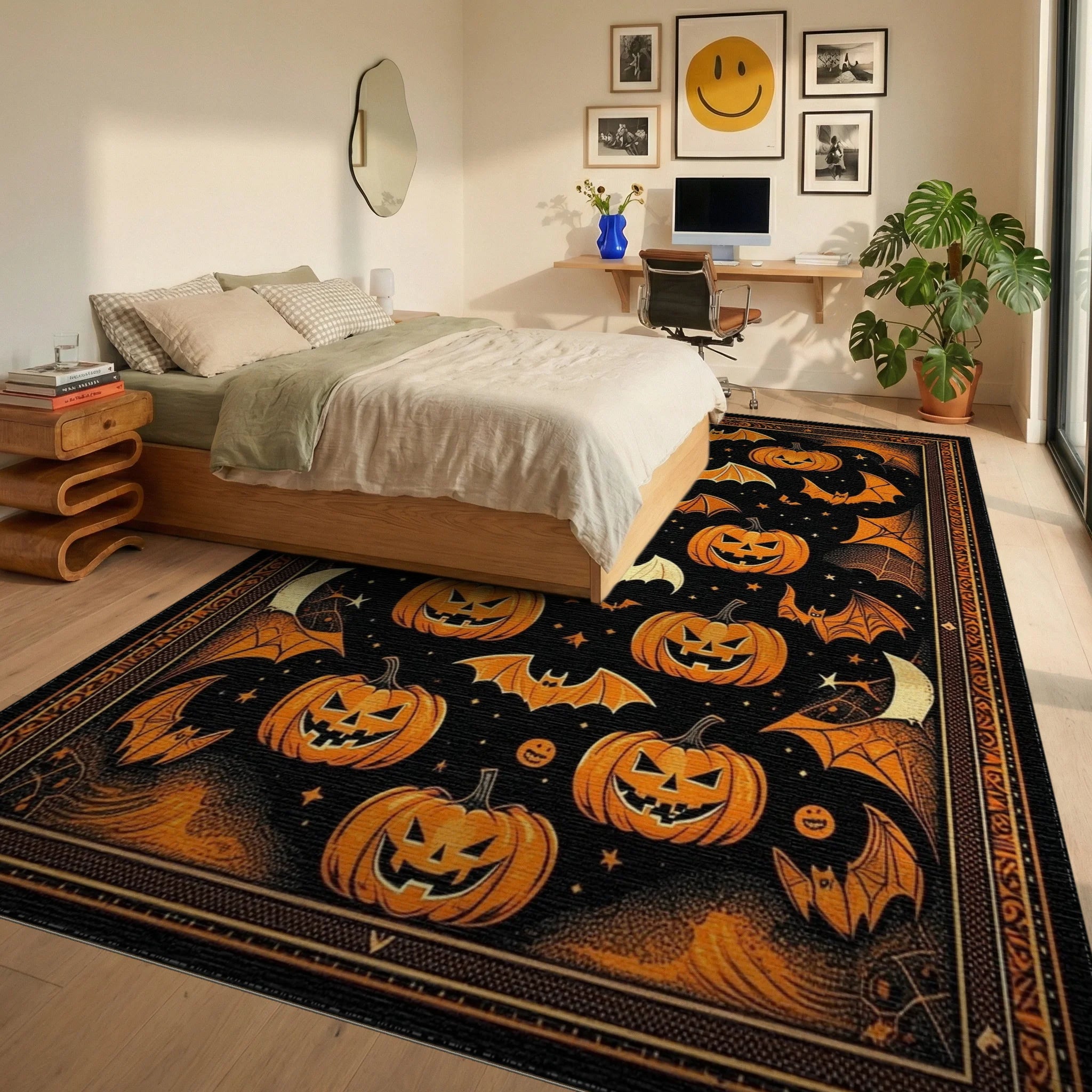 Black Orange Halloween Pumpkins Bats Rug - Bedroom View
