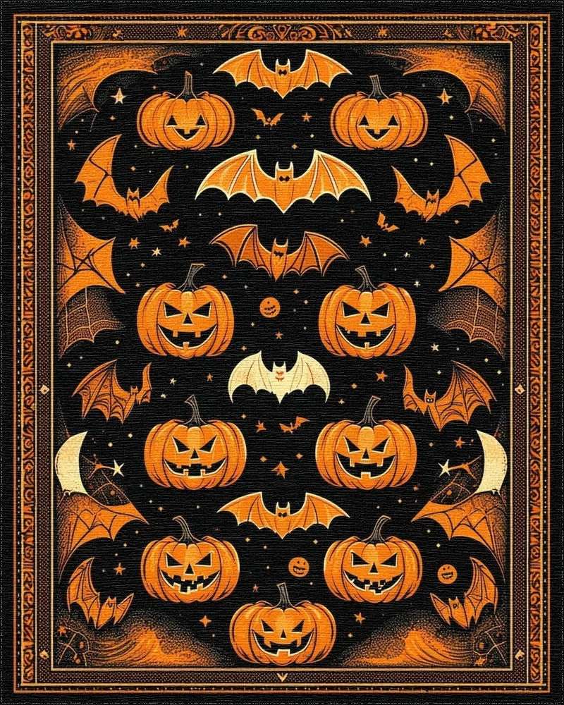 Black Orange Halloween Pumpkins Bats Rug - Cutout View