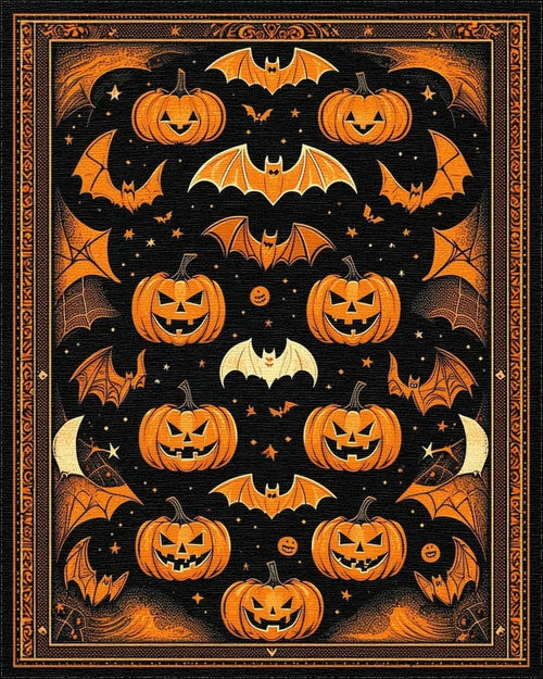 Black Orange Halloween Pumpkins Bats Rug - Cutout View