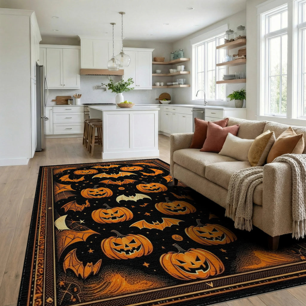 Black Orange Halloween Pumpkins Bats Rug - Living Room View