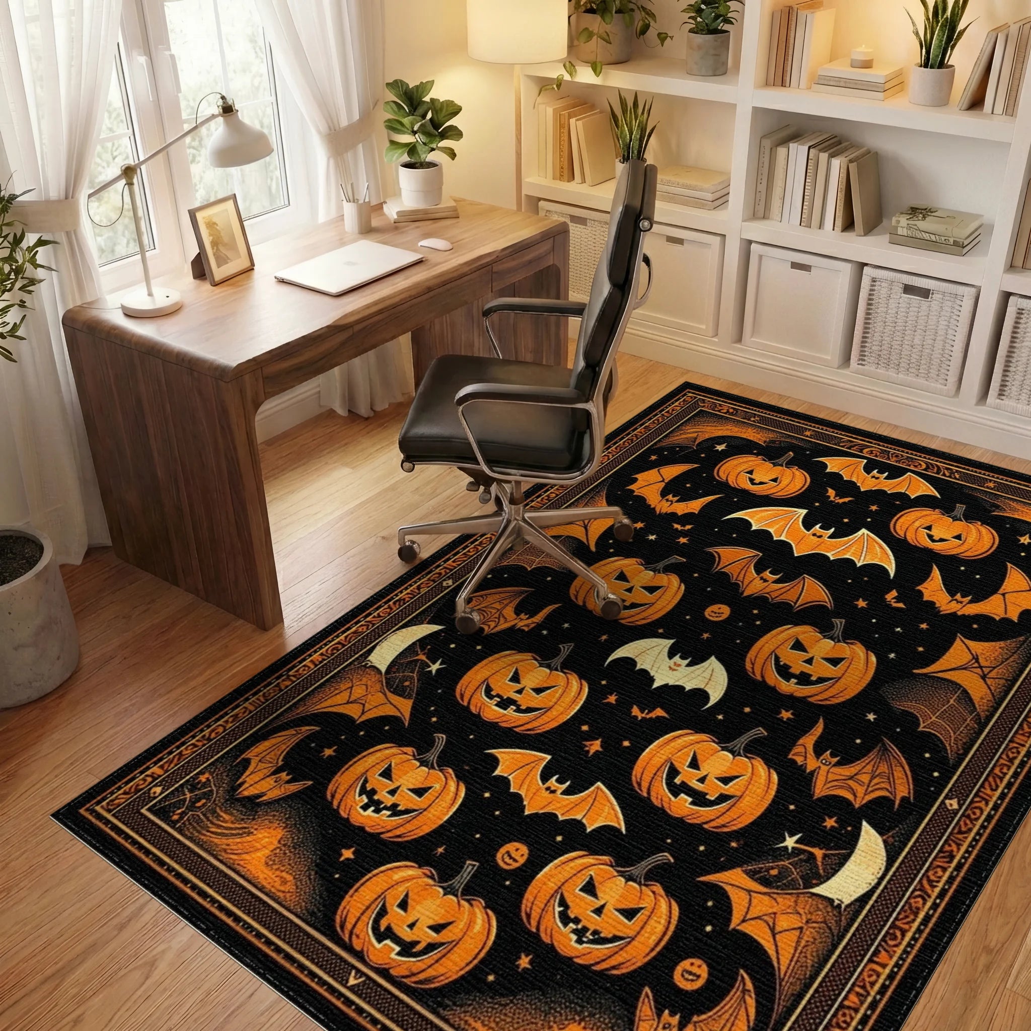 Black Orange Halloween Pumpkins Bats Rug - Office View