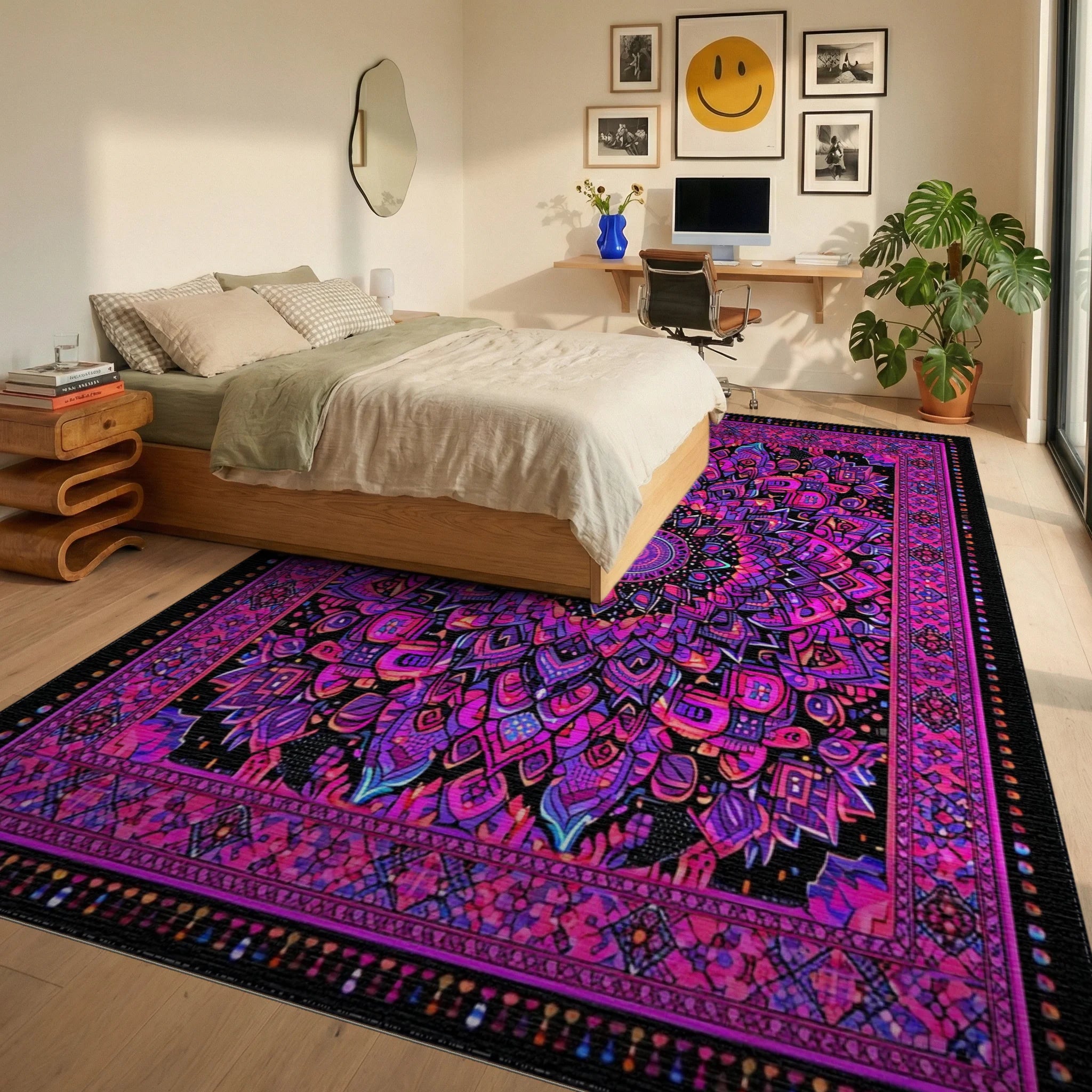 Black Pink Psychedelic Mandala Rug - Bedroom View