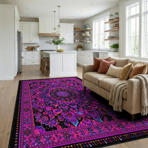 Black Pink Psychedelic Mandala Rug - Living Room View