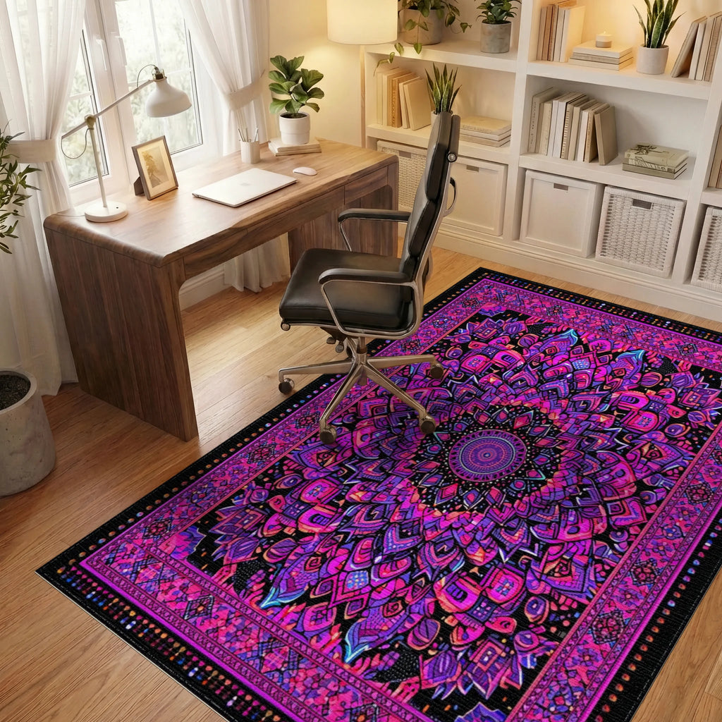 Black Pink Psychedelic Mandala Rug - Office View