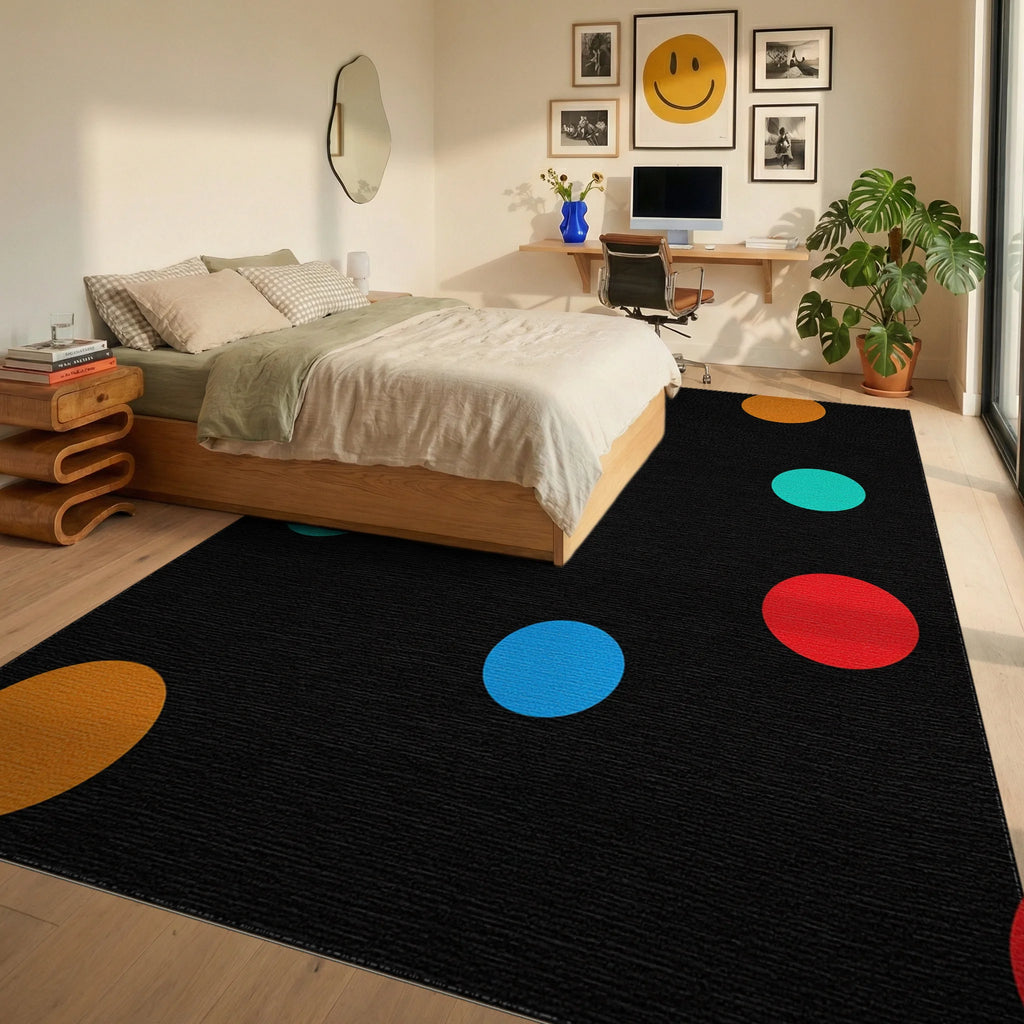 Black Polka Dot Rainbow Scatter Rug Bedroom View