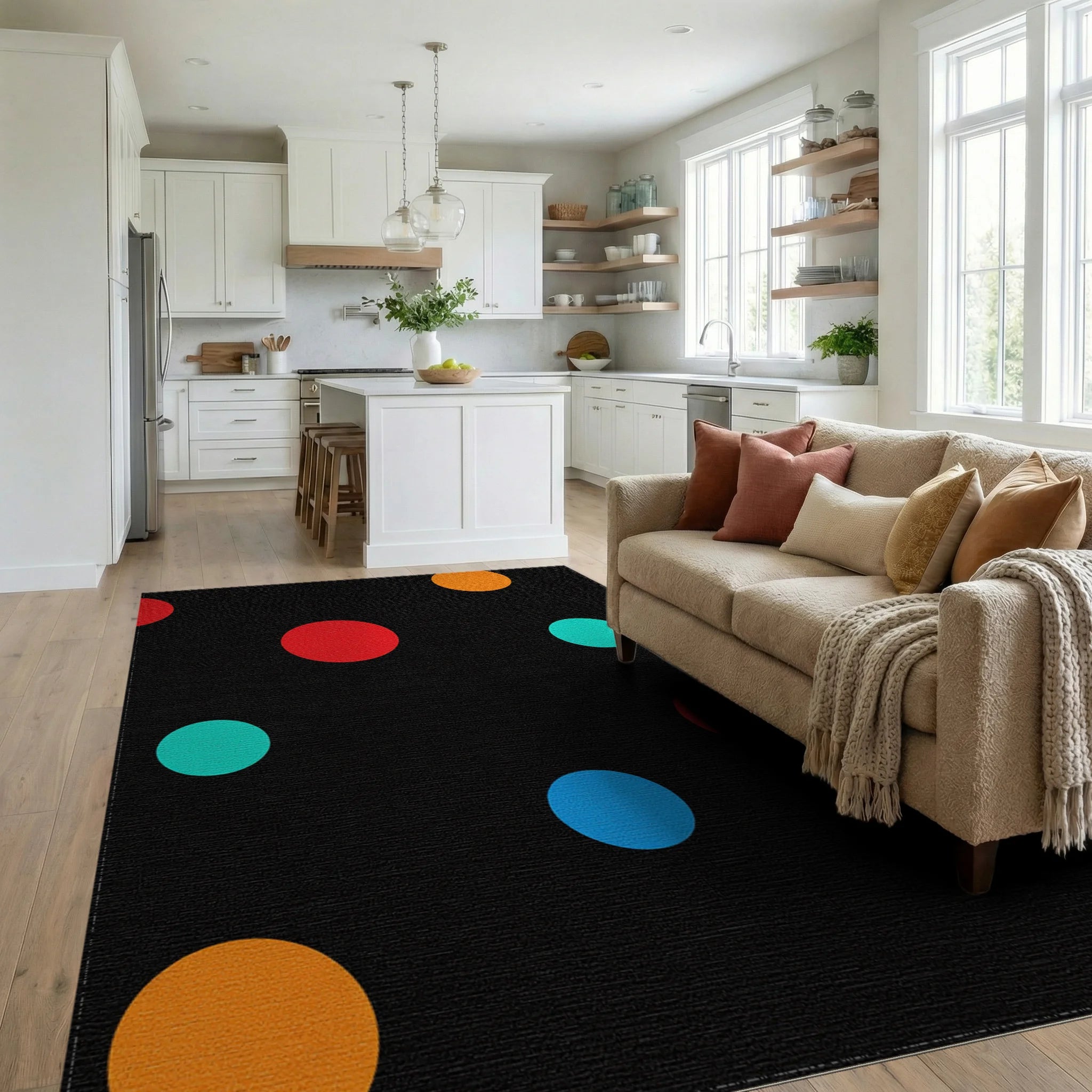 Black Polka Dot Rainbow Scatter Rug Living Room View