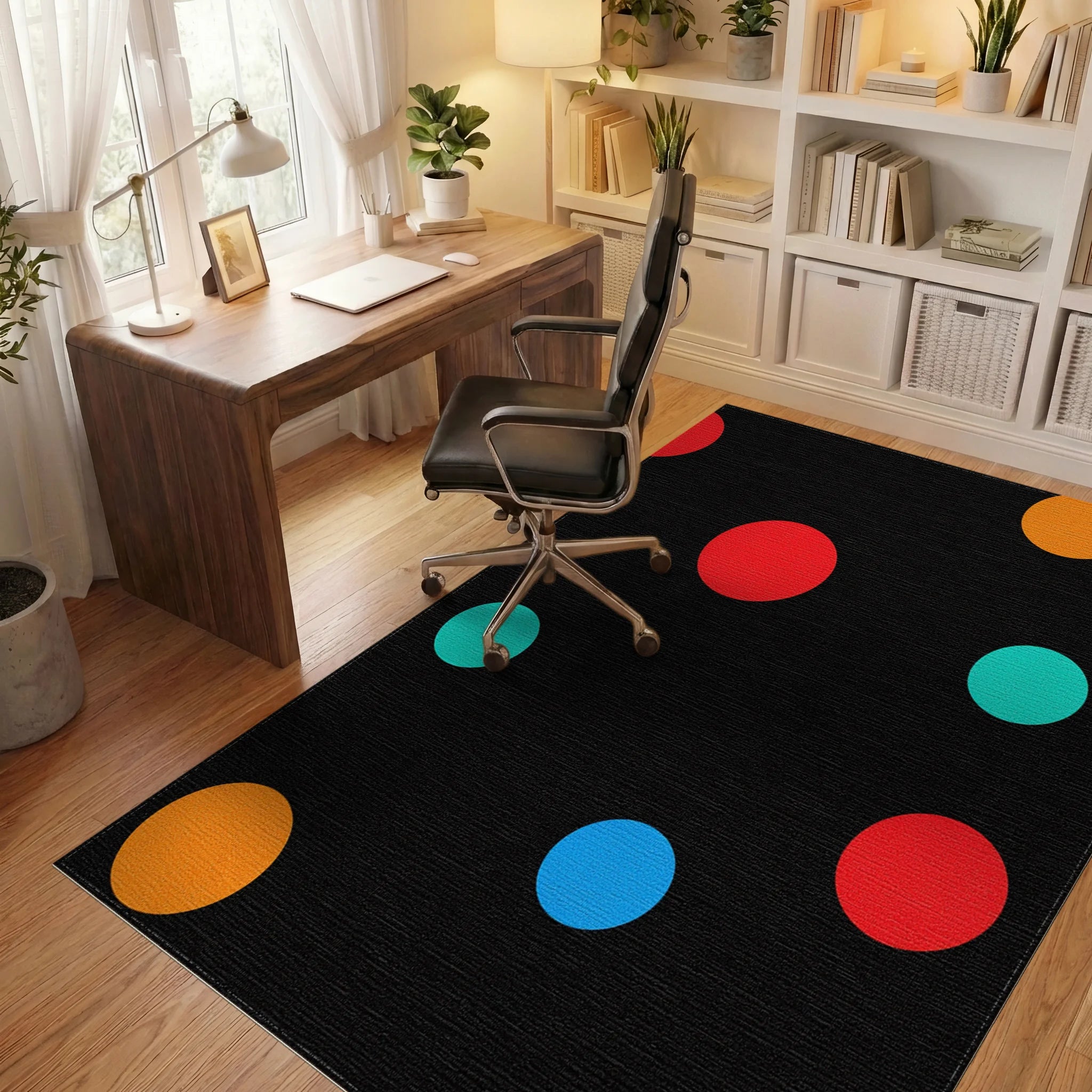 Black Polka Dot Rainbow Scatter Rug Office View