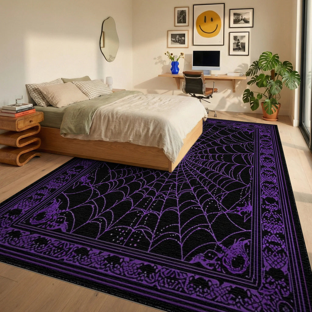 Black Purple Spider Web Gothic Rug - Bedroom View