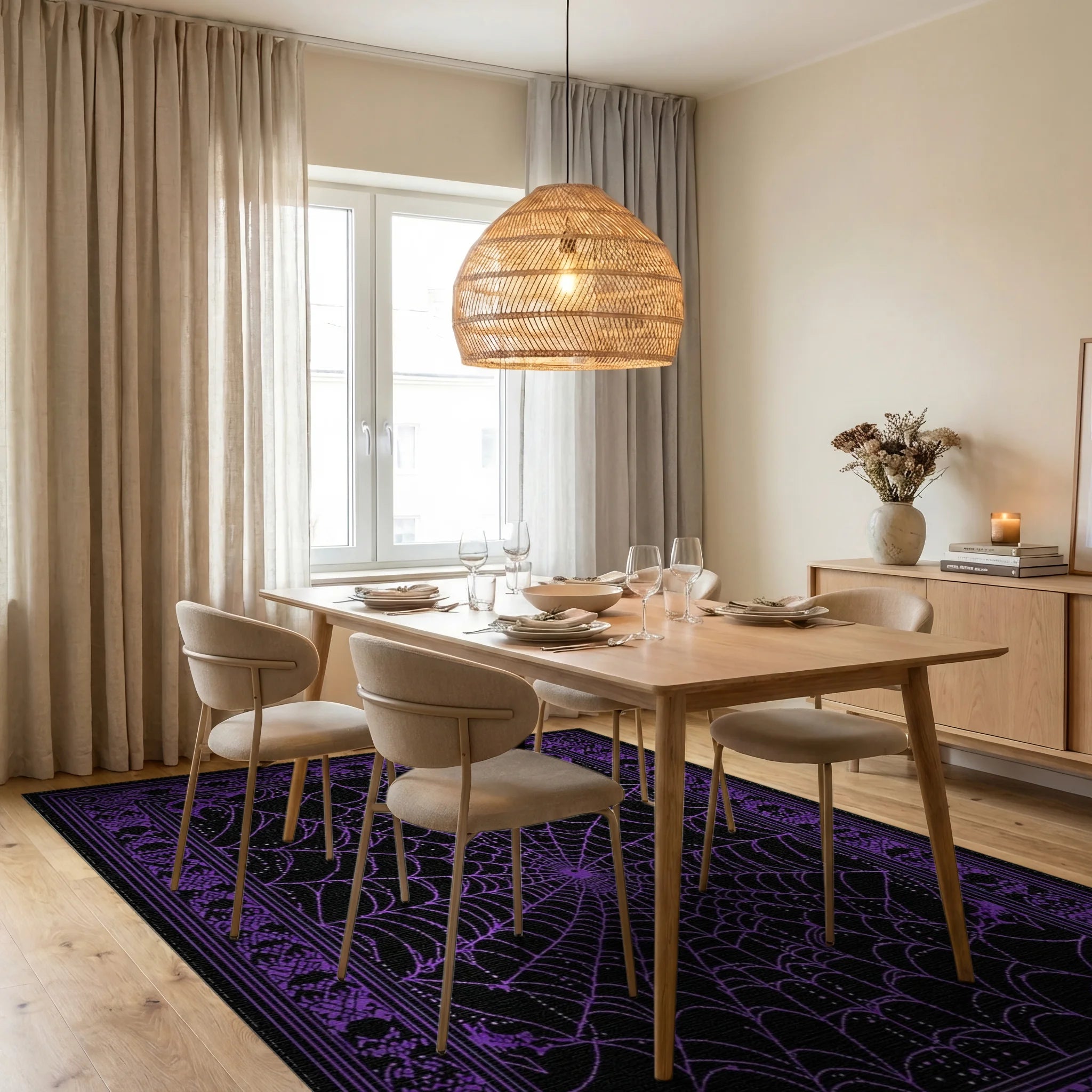 Black Purple Spider Web Gothic Rug - Dining Room View