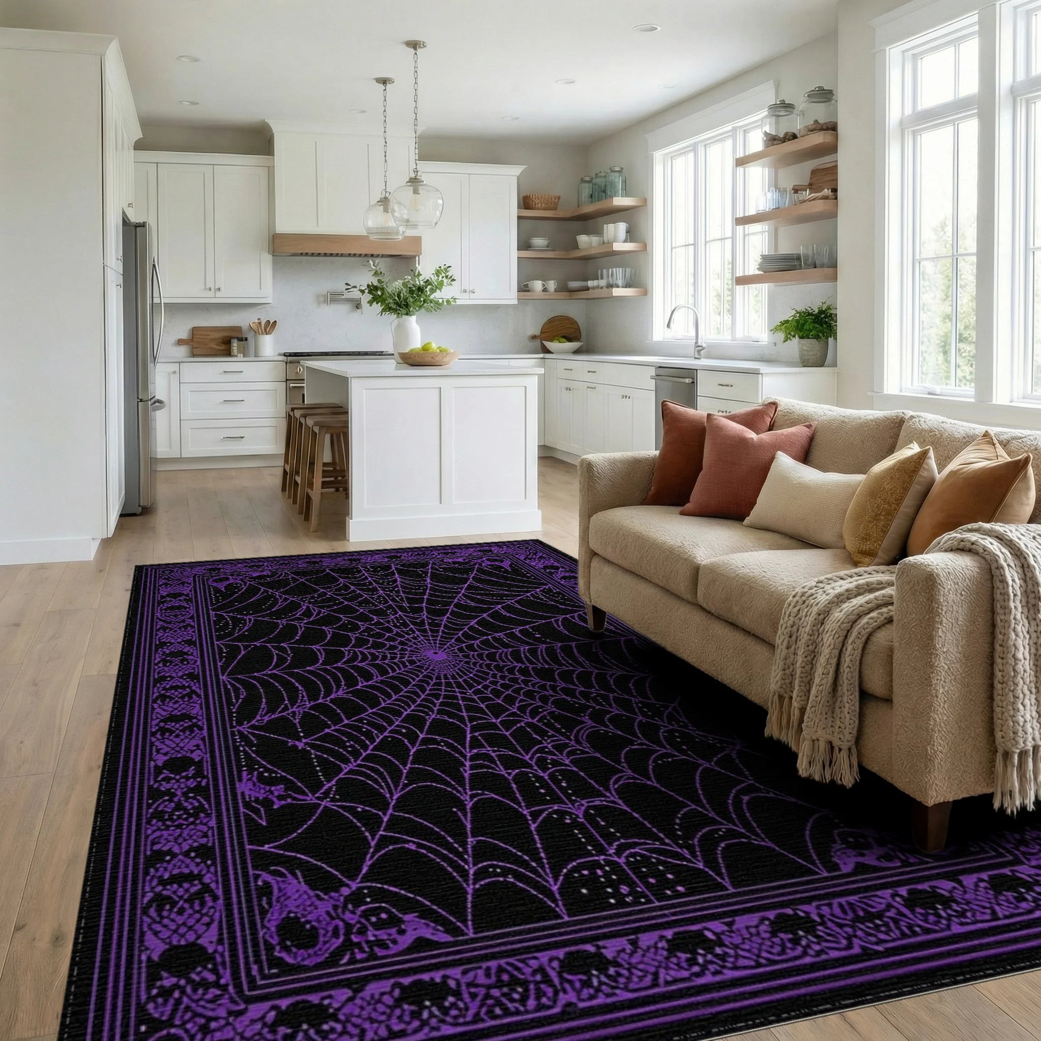 Black Purple Spider Web Gothic Rug - Living Room View