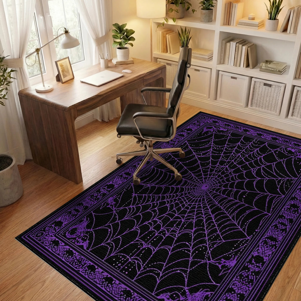 Black Purple Spider Web Gothic Rug - Office View