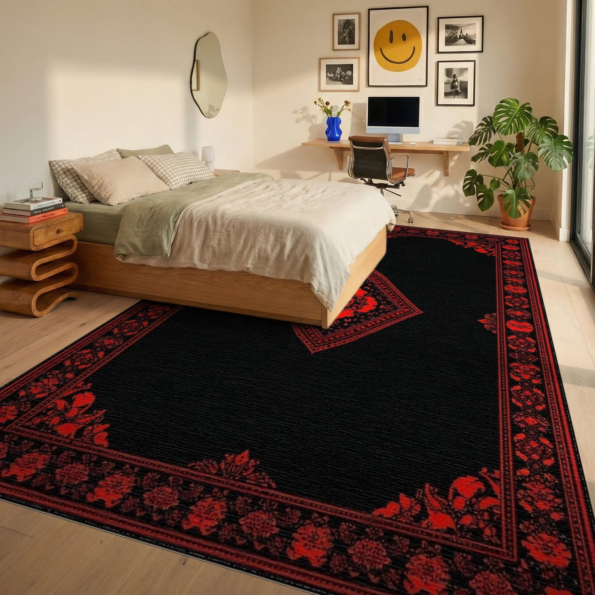 Black Red Gothic Skull Medallion Rug - Bedroom View