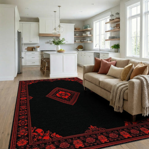 Black Red Gothic Skull Medallion Rug - Living Room View