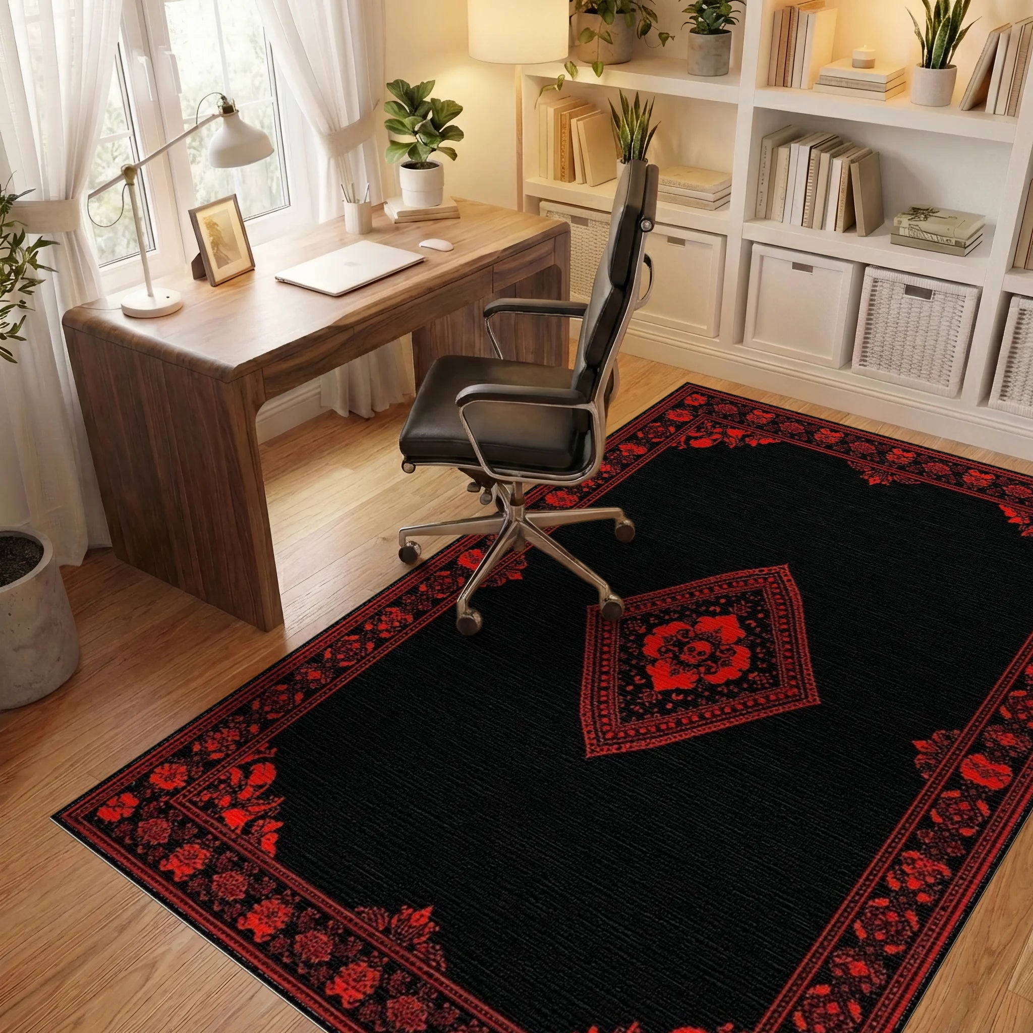 Black Red Gothic Skull Medallion Rug - Office View