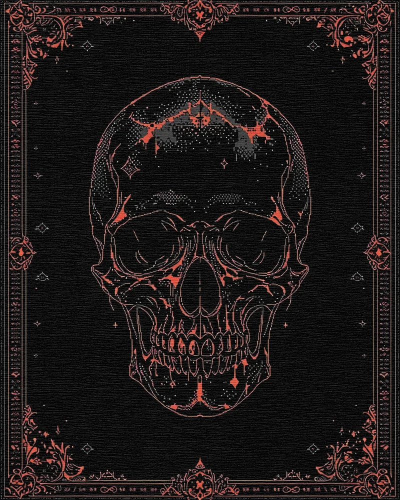 Black Red Ornate Skull Gothic Rug - Cutout View
