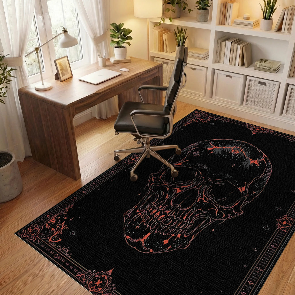 Black Red Ornate Skull Gothic Rug - Office View