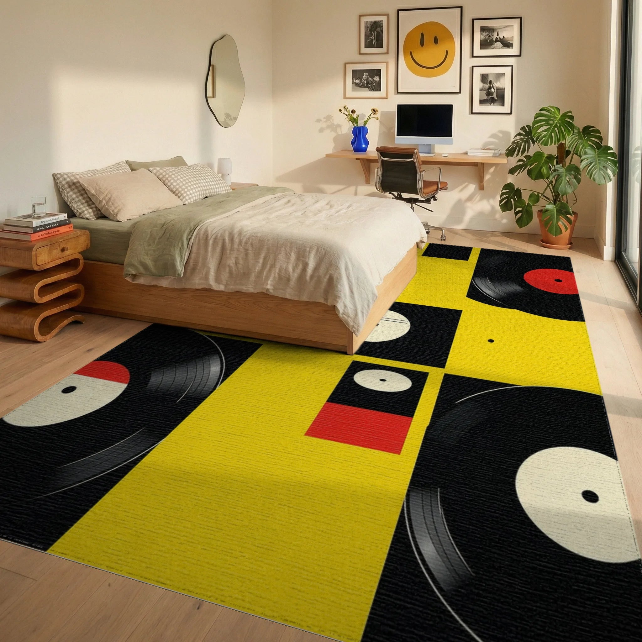 Black Red Yellow Vinyl Records Rug - Bedroom View