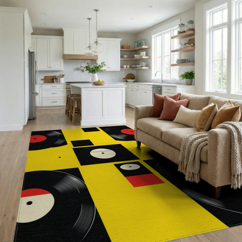 Black Red Yellow Vinyl Records Rug - Living Room View