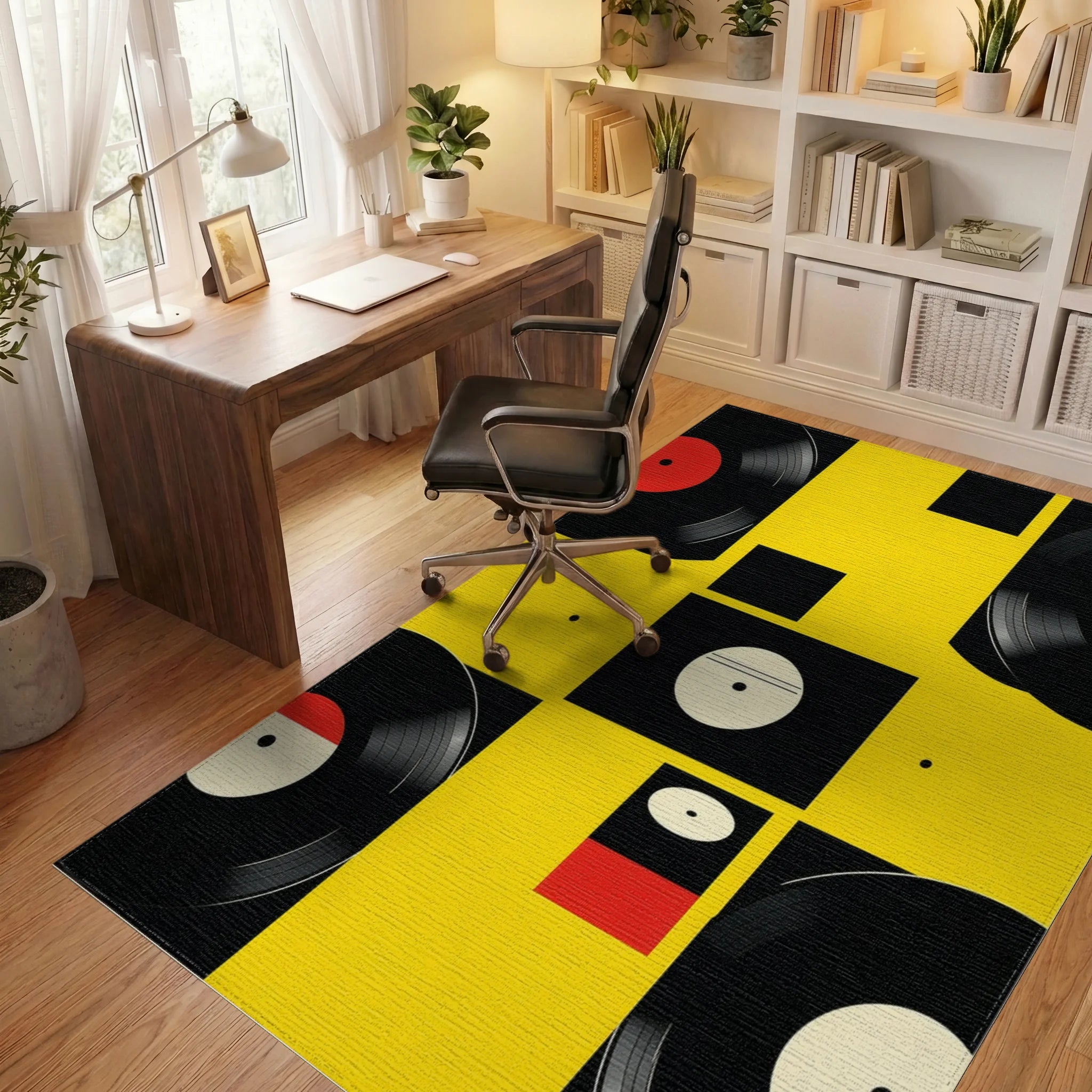 Black Red Yellow Vinyl Records Rug - Office View
