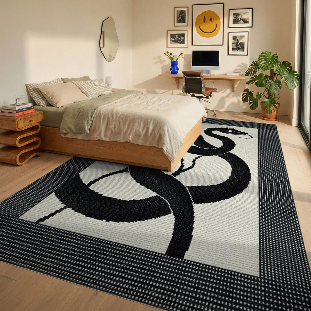 Black Serpent Yin Yang Rug - Bedroom View