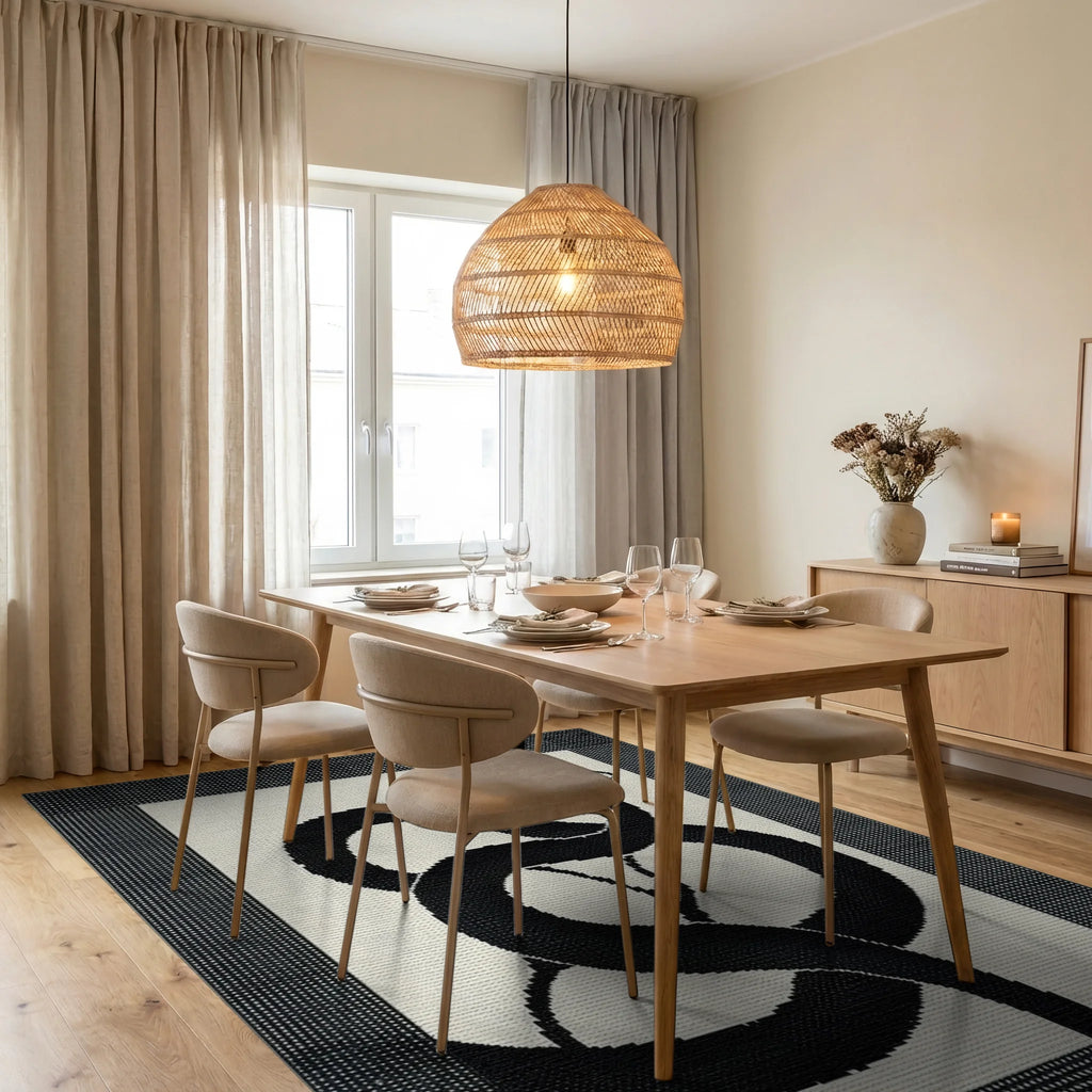 Black Serpent Yin Yang Rug - Dining Room View