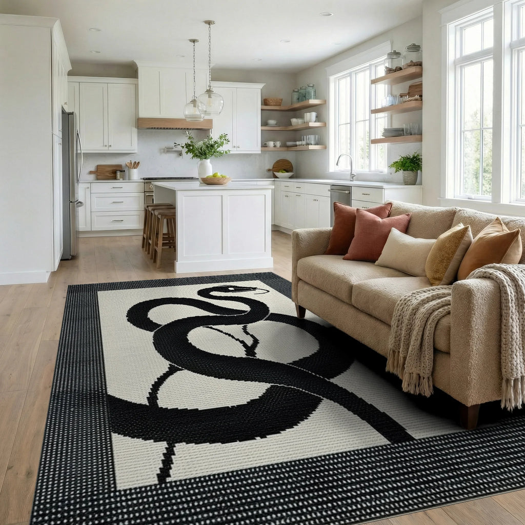 Black Serpent Yin Yang Rug - Living Room View