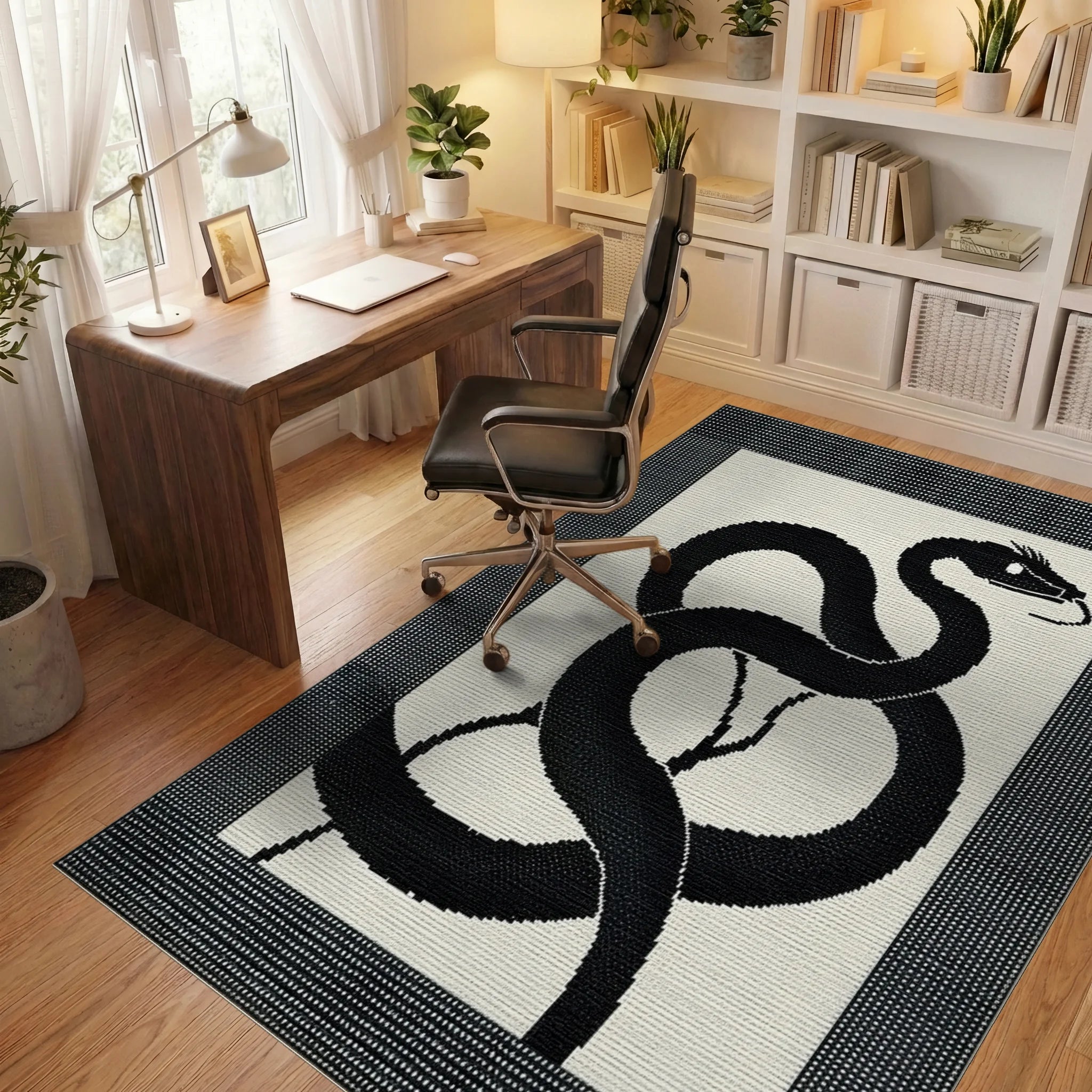 Black Serpent Yin Yang Rug - Office View