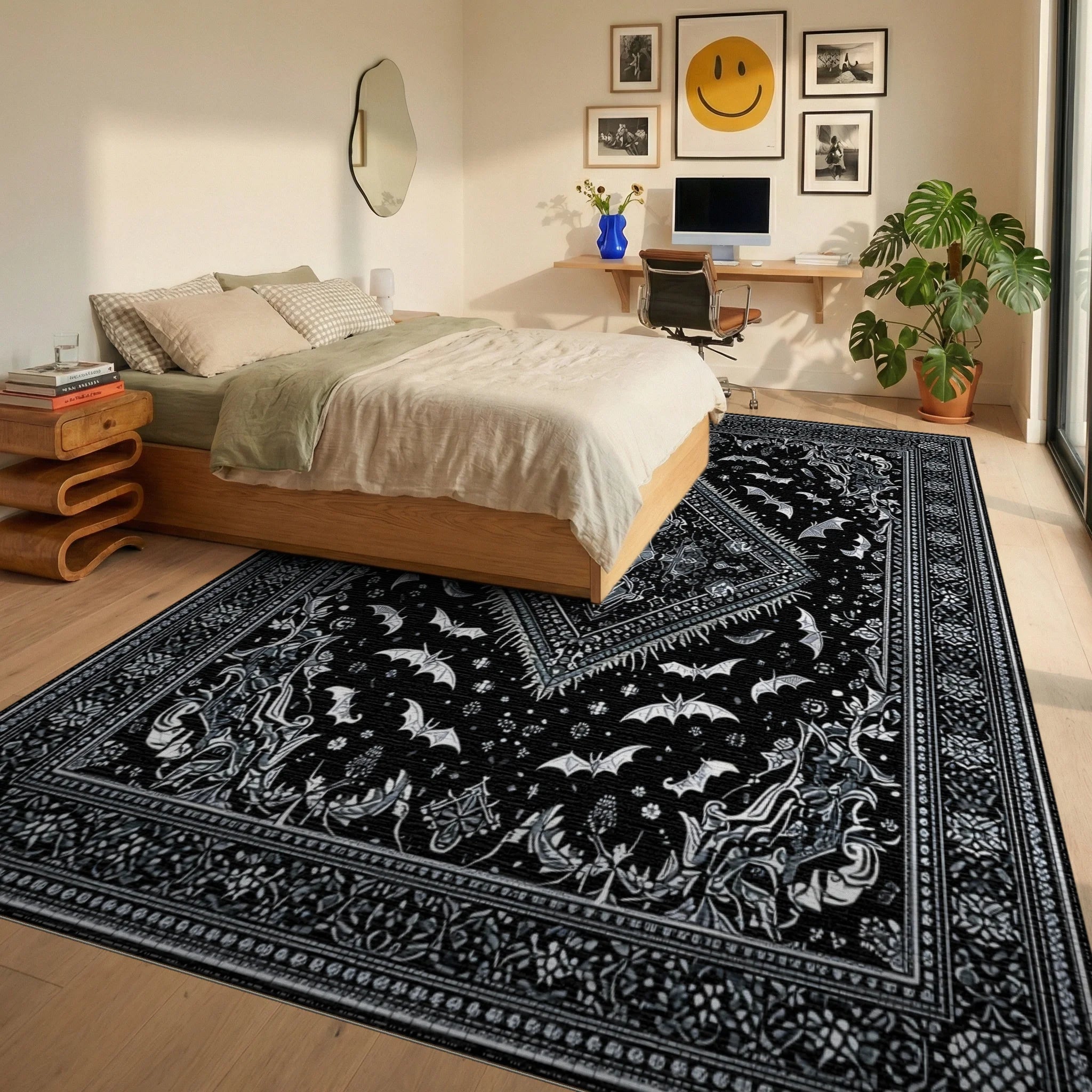 Black Silver Gothic Bats Rug - Bedroom View