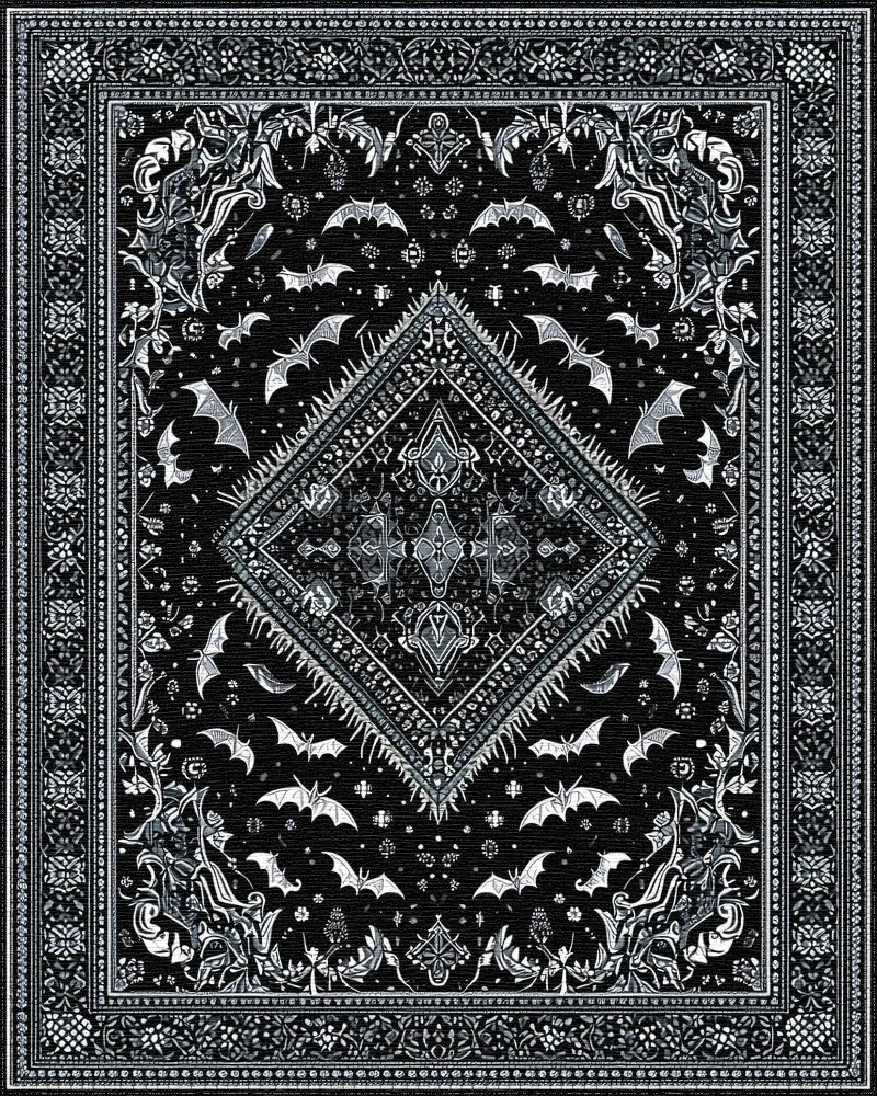 Black Silver Gothic Bats Rug - Cutout View