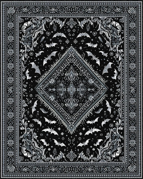Black Silver Gothic Bats Rug - Cutout View